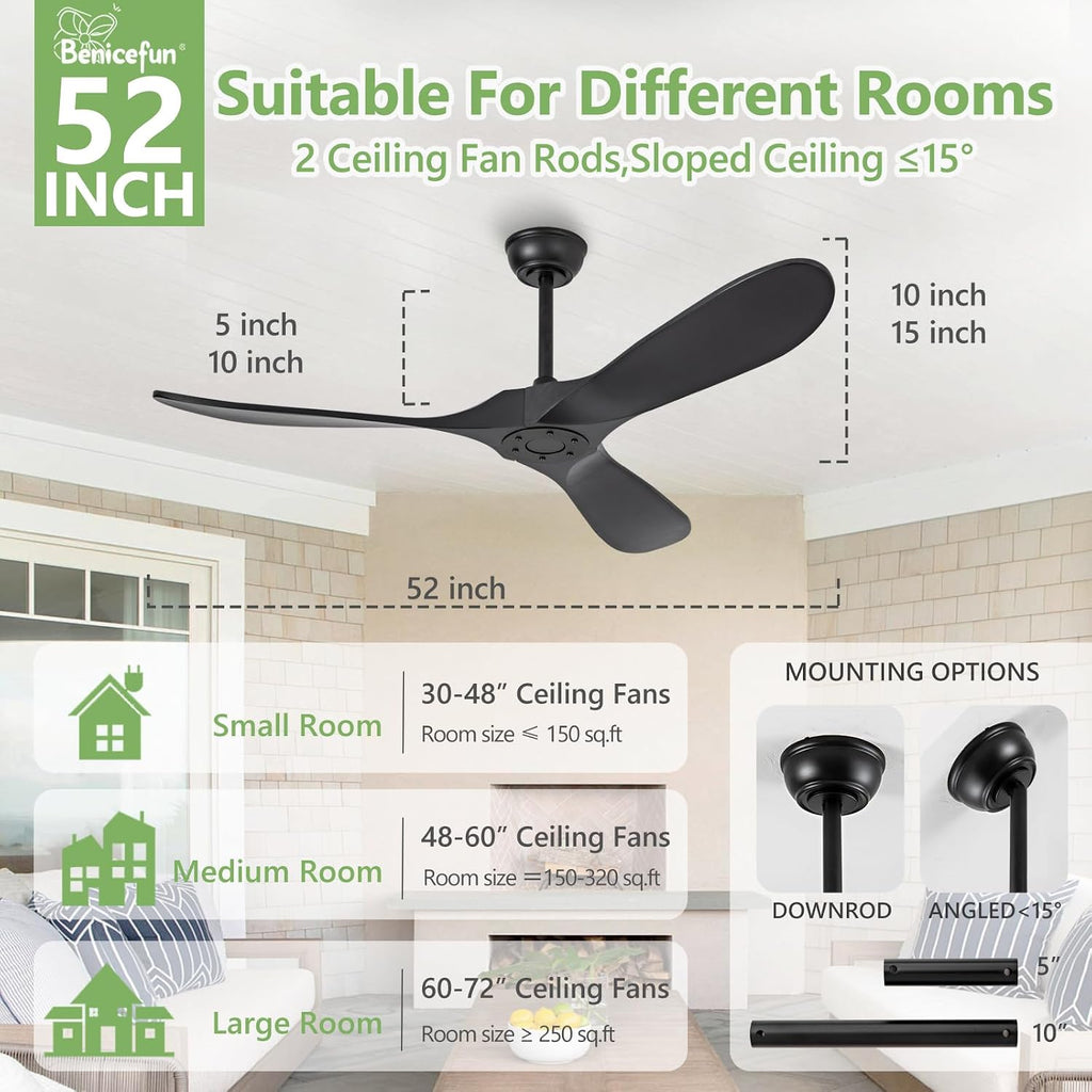 52 Inch Black Ceiling Fan No Light,Living Room Ceiling Fans Without Lights, Medium Modern 3 Blade Quiet Dc Ceiling Fans For Slanted Ceilings, Rustic Wood Ceiling Fan For Gazebo With Remote