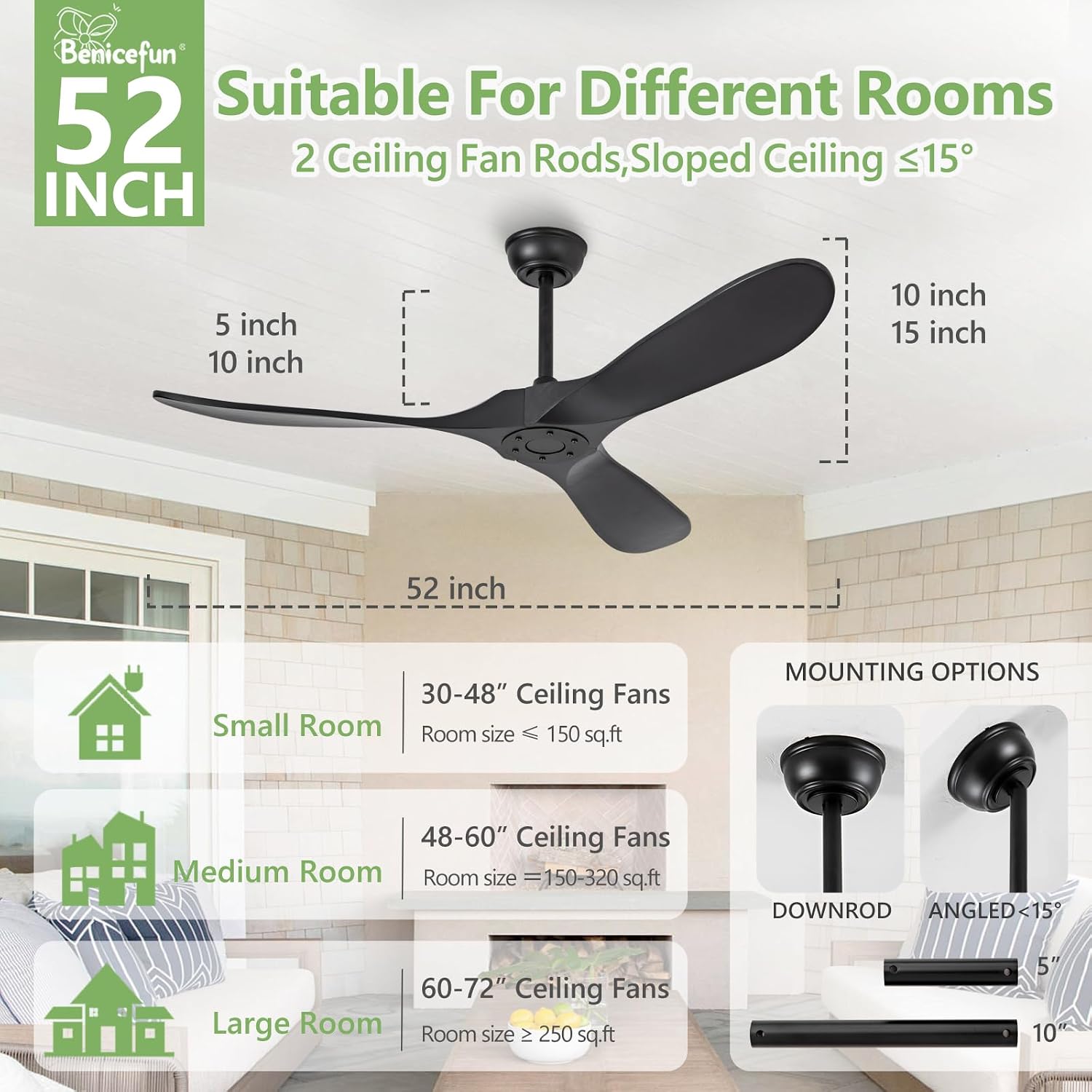 52 Inch Black Ceiling Fan No Light,Living Room Ceiling Fans Without Lights, Medium Modern 3 Blade Quiet Dc Ceiling Fans For Slanted Ceilings, Rustic Wood Ceiling Fan For Gazebo With Remote