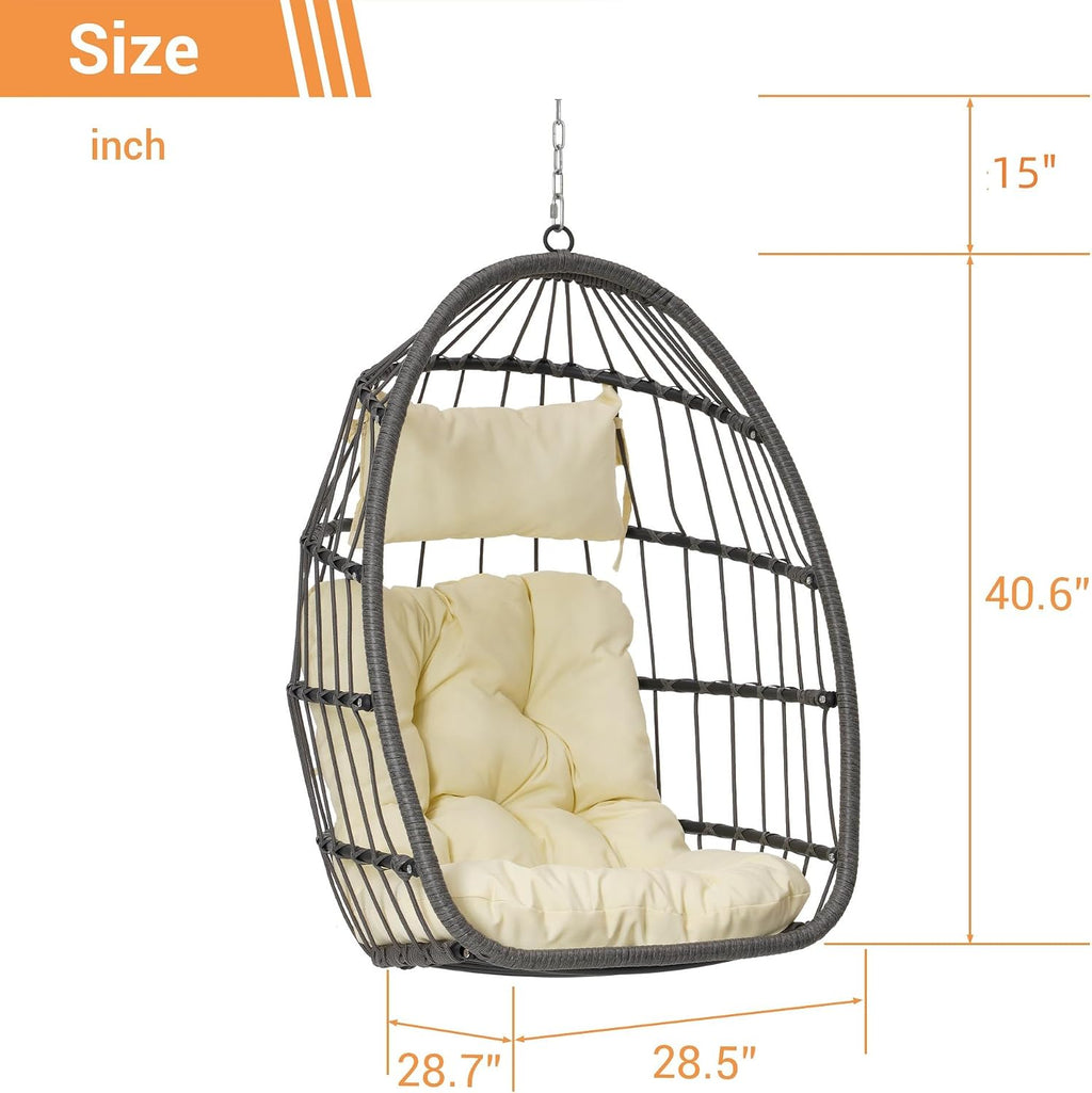 55.6' Outdoor Garden Rattan Egg Swing Chair,Patio UV Resistent PE Hanging Chairs with Cushion,Galvanized Steel Frame,Load: 360lbs,All Weather Foldable Hammock for Bedroom,Porch,Khaki+Yellow