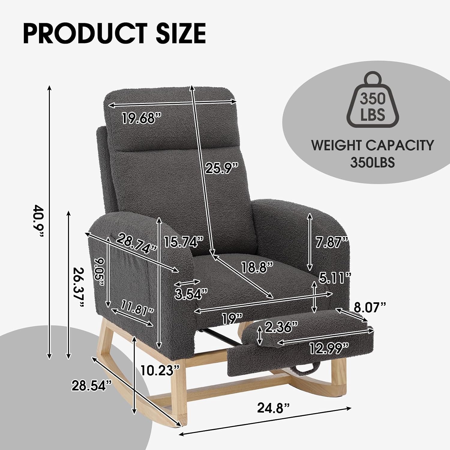 NIOIIKIT Modern Nursery Rocking Chair, Teddy Upholstered Rocking Chair with Footrest, Comfortable Rocker Chair with Side Pocket, Rocker Chair for Living Room, Bedroom, Nursing Room (Grey)