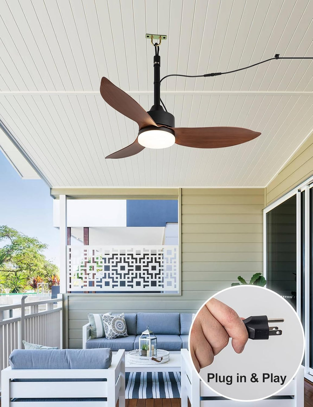 EKIZNSN 39' IP65 Waterproof Outdoor Gazebo Fan, Plug-In Wet Rated Ceiling Fan for Patios Pergola Garage Outside Porch, Brown