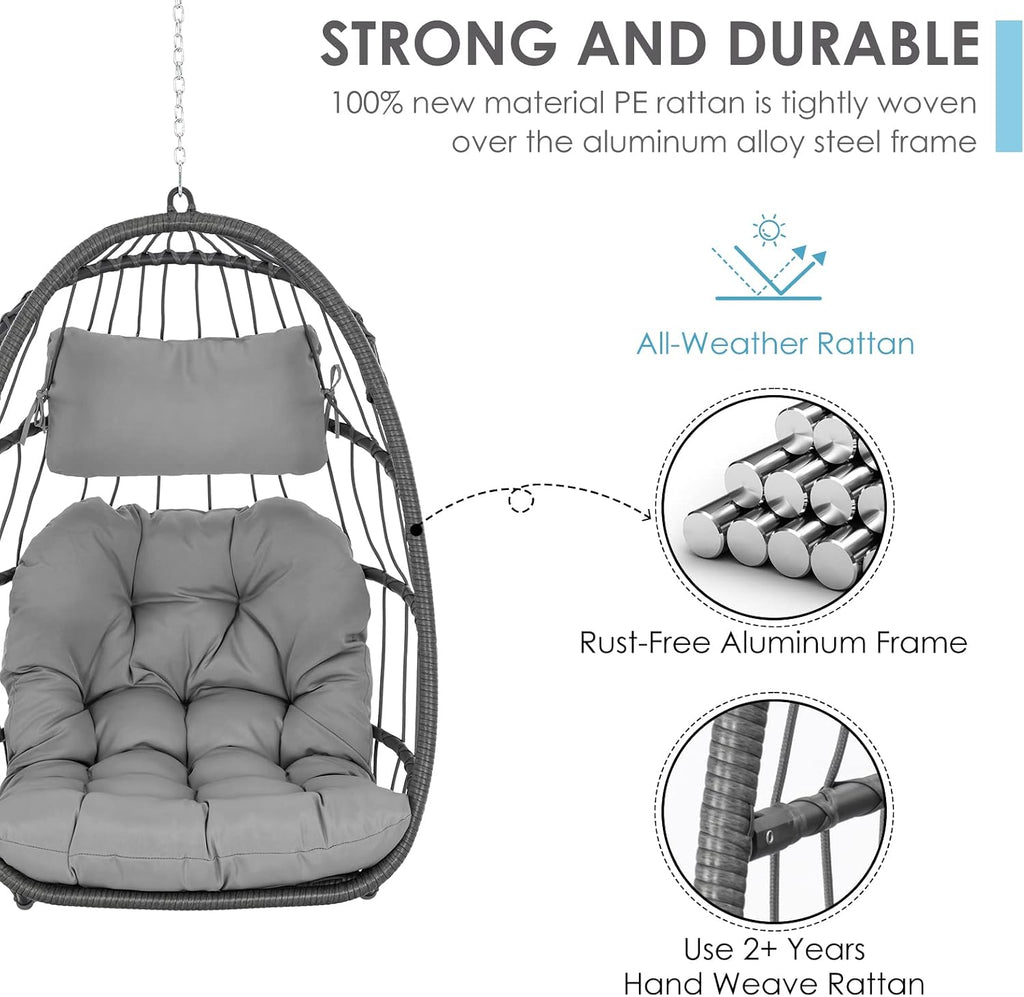 Brafab Wicker Rattan Hammock Egg Swing Chair with Hanging Chain, Aluminum Frame and UV Resistant Cushion, Indoor Outdoor Bedroom Patio Porch Foldable Camping Chair (Without Stand)