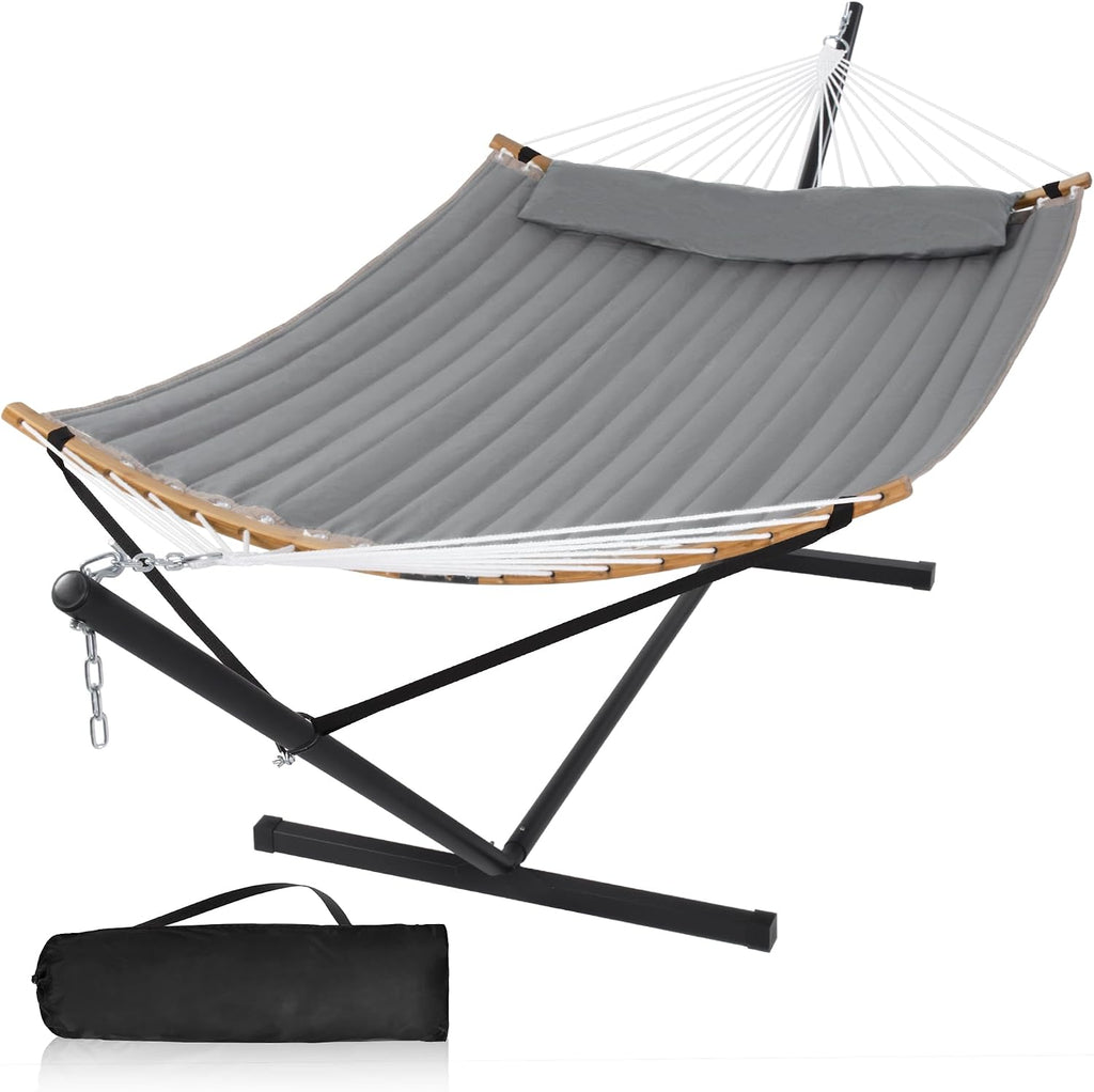 Outdoor Hammock with Stand Included, Heavy Duty Hammock with Curved Spreader Bar, Pillow and Portable Bag, 450 Lbs Capacity, Grey