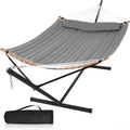 Outdoor Hammock with Stand Included, Heavy Duty Hammock with Curved Spreader Bar, Pillow and Portable Bag, 450 Lbs Capacity, Grey
