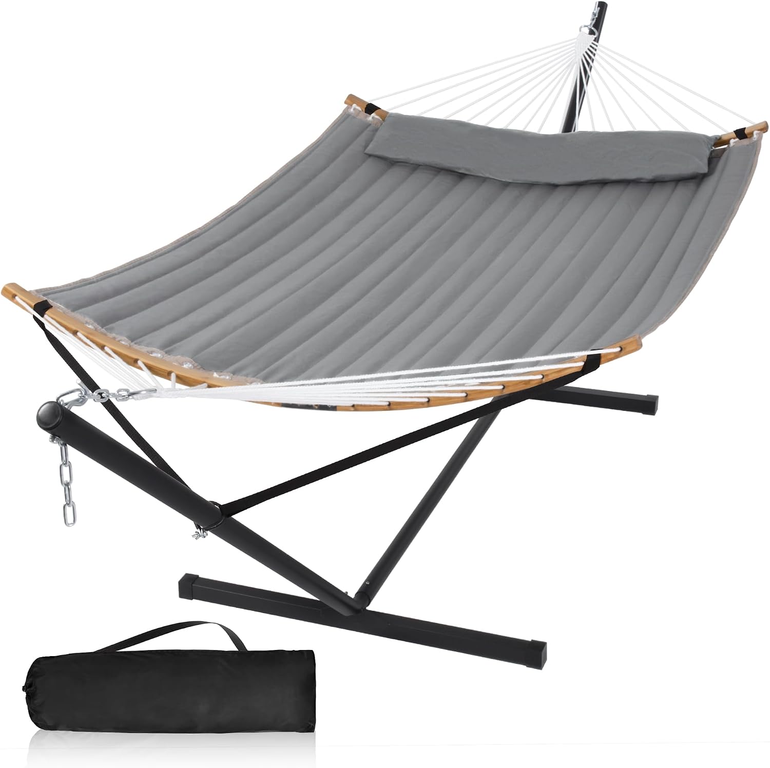 Outdoor Hammock with Stand Included, Heavy Duty Hammock with Curved Spreader Bar, Pillow and Portable Bag, 450 Lbs Capacity, Grey