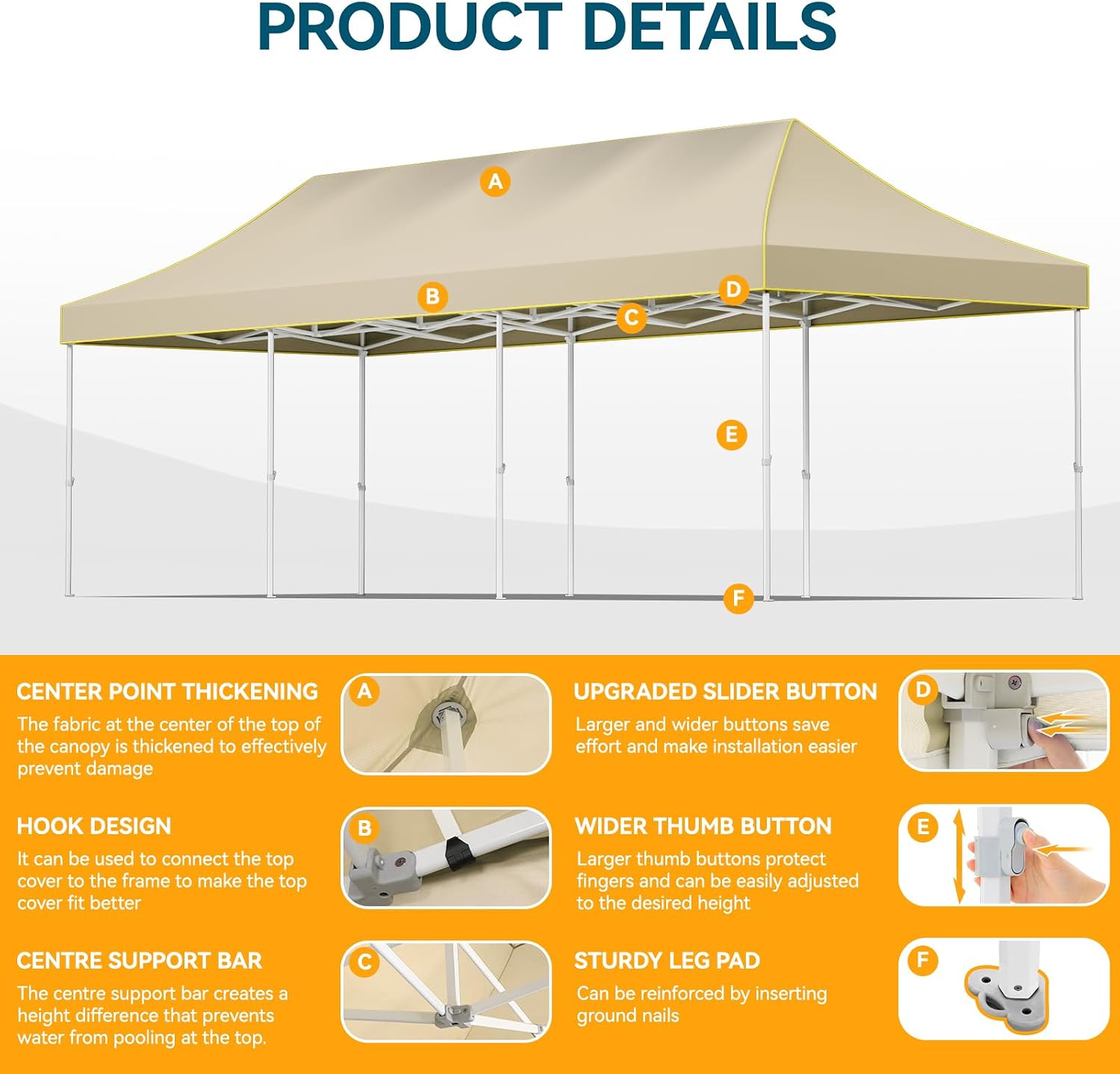 Hoteel 10x30 Pop Up Canopy Heavy Duty Without Sidewall, Waterproof Outdoor Event Tents, Easy Set-up Instant Tent with Hand Bag, Rope & Nail, Hexagonal Leg (1-Year Warranty,Upgrade)
