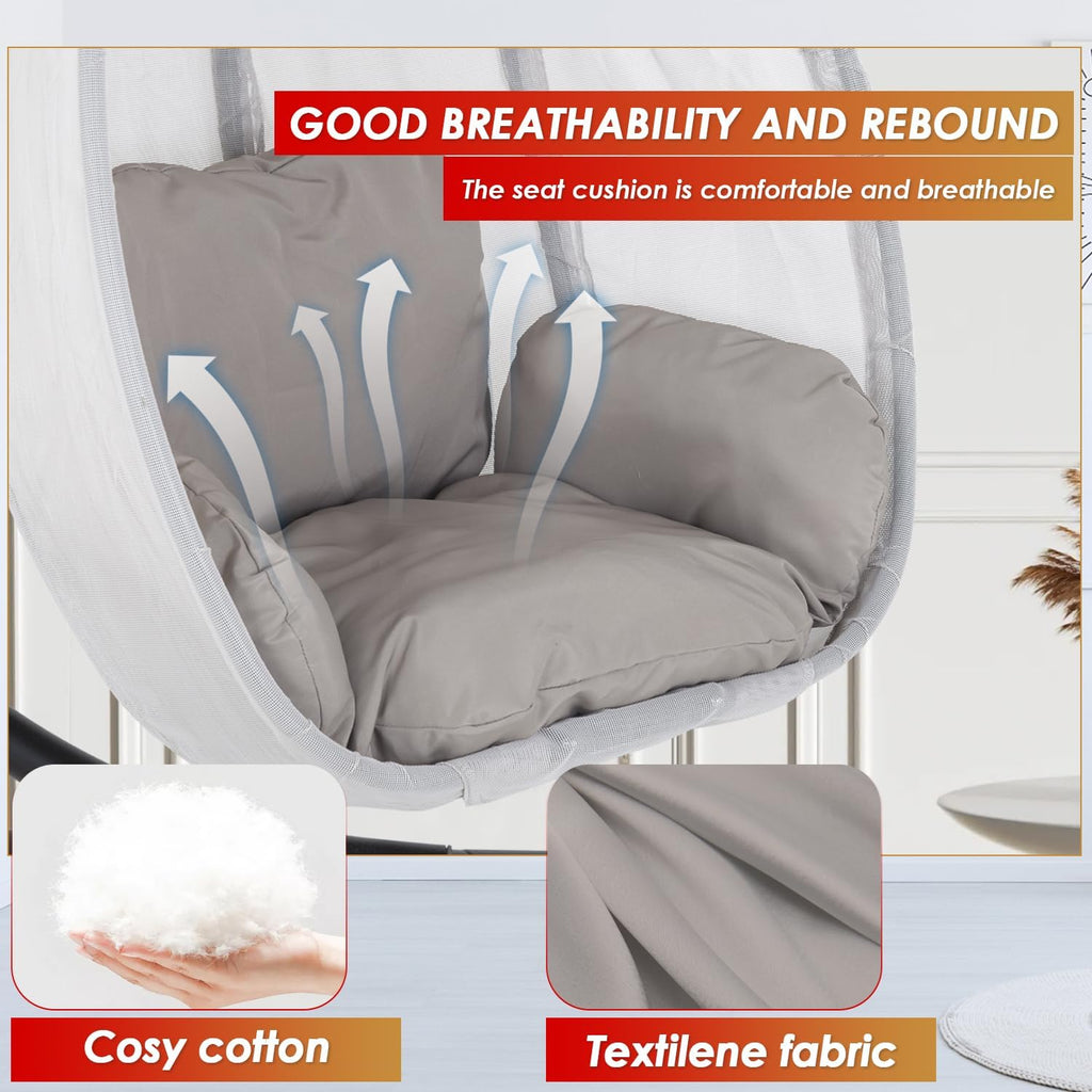 Egg Chair with Comfy Cushions Indoor Outdoor Hanging Chair Sturdy Heavy Duty Hammock Chair with Stand Cushions Breathable Fabric Cover for Patio Bedroom Garden Poolside, Grey