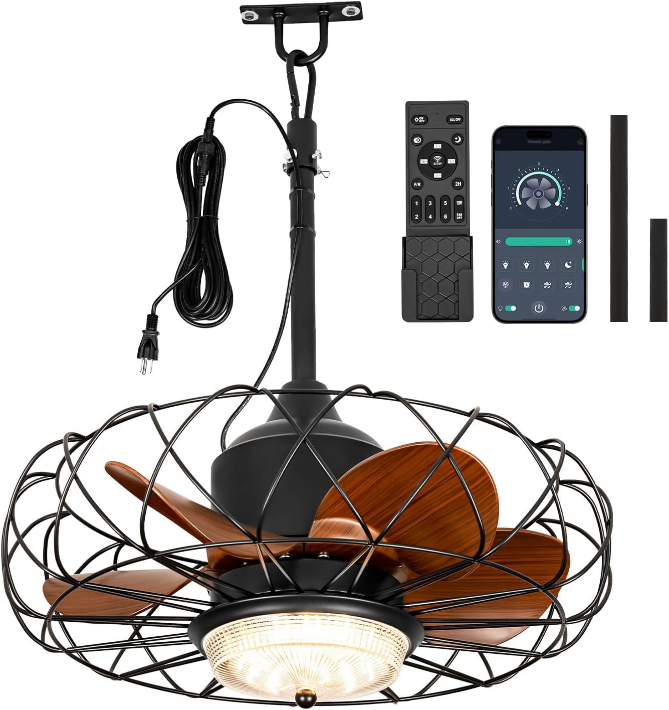 20' Waterproof Outdoor Ceiling Fan with Light for Patios Gazebo Fans Outdoor Hanging Black Caged Fandelier LED Light with Plug-in Cord for Pergola Porch Gazebo, Remote APP Control, 6 Speeds