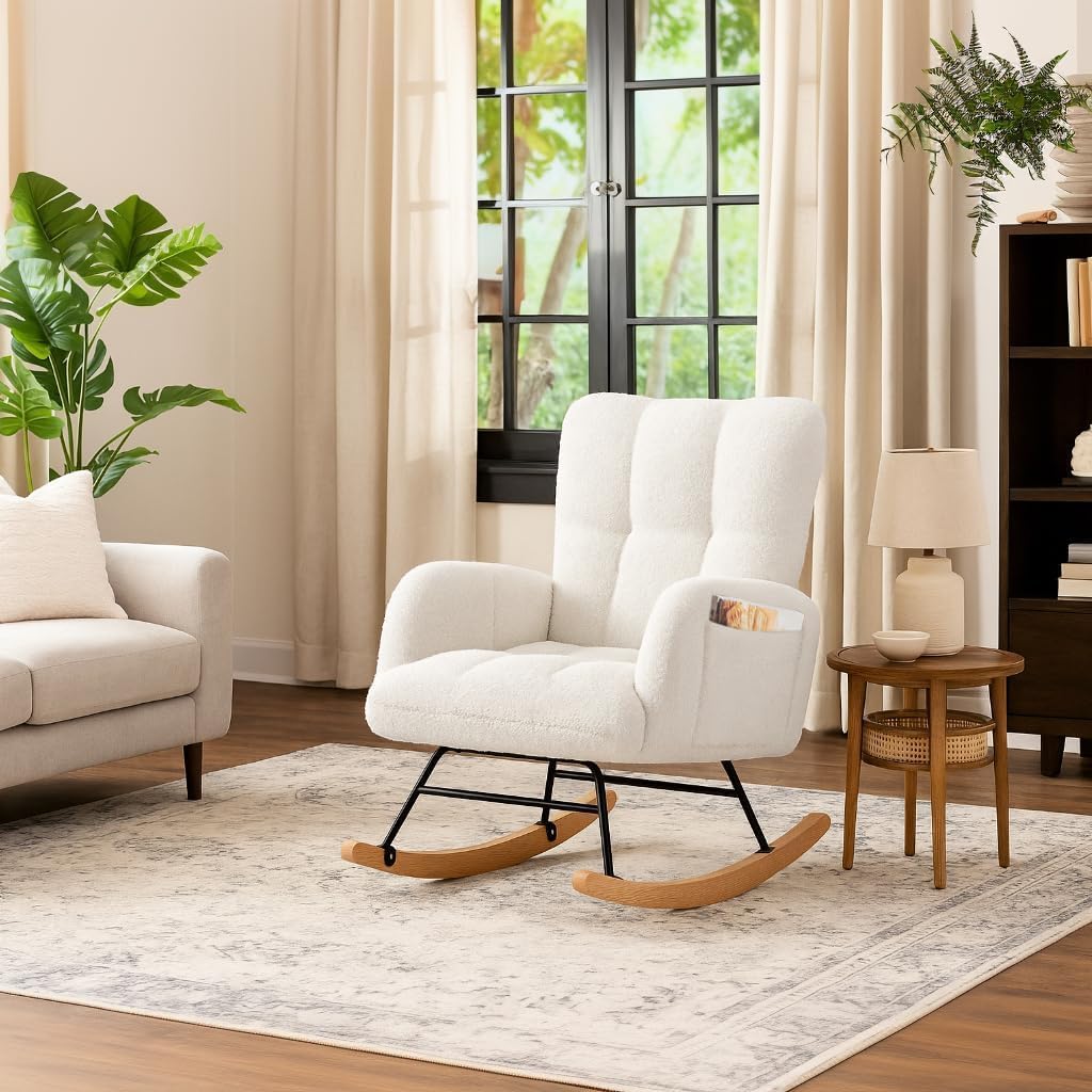 COMHOMA Nursery Rocking Chair, Teddy Upholstered Glider Rocking Chair with Side Pockets, Accent Chair with High Backrest Reading Chair for Adult, Nursery, Bedroom, Living Room,Offices (White)