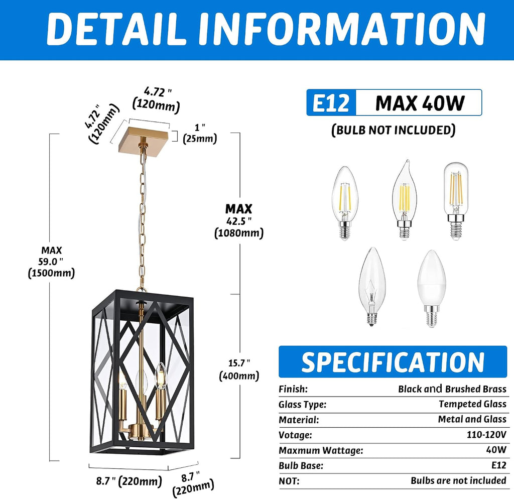 15.7'' Outdoor Pendant Light Black Brass, Exterior Ceiling Hanging Lantern Porch Light with Clear Glass, Outdoor Hanging Lantern Lighting Exterior Pendant Lighting Fixture for Porch, Gazebo