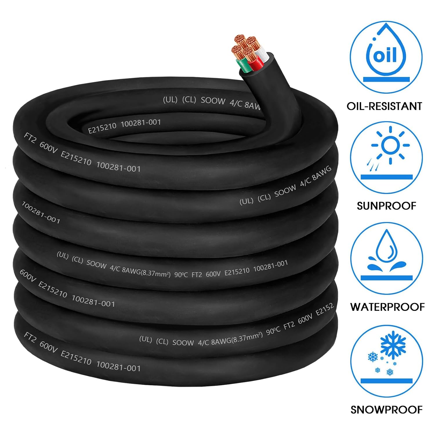 35ft 8/4 8 AWG Portable Power Cable 8 Gauge 600V SOOW Electric Wire 4 Conductor OFC 8 AWG Extension Cord Cable Wire for NEMA 14-35 Generator,Welder,RV Outlet Box,EV Battery Charger,Machinery