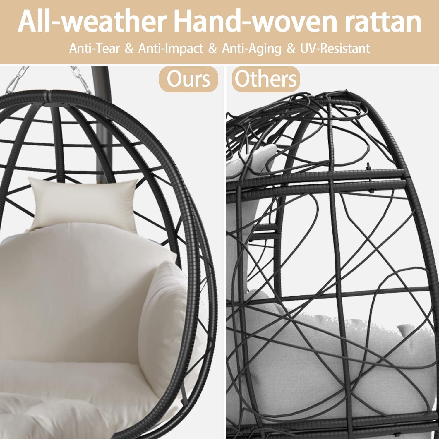 Indoor Outdoor Hanging Egg Chair with Stand & Leg Rest – Heavy-Duty Steel Frame, Handwoven Rattan Swing Chair for Patio, Garden, Bedroom – 350 lbs Capacity, Ergonomic Design (Grey)