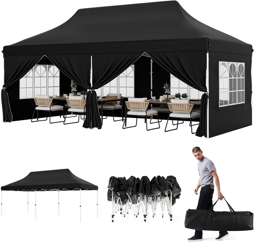 HAPPYGRILL 10x20FT Pop-up Canopy with Detachable Sidewalls, Instant Canopy Tent with Carrying Bag, UPF50+ Sun Protection, Easy Setup Gazebo for Outdoor Party Wedding, Black