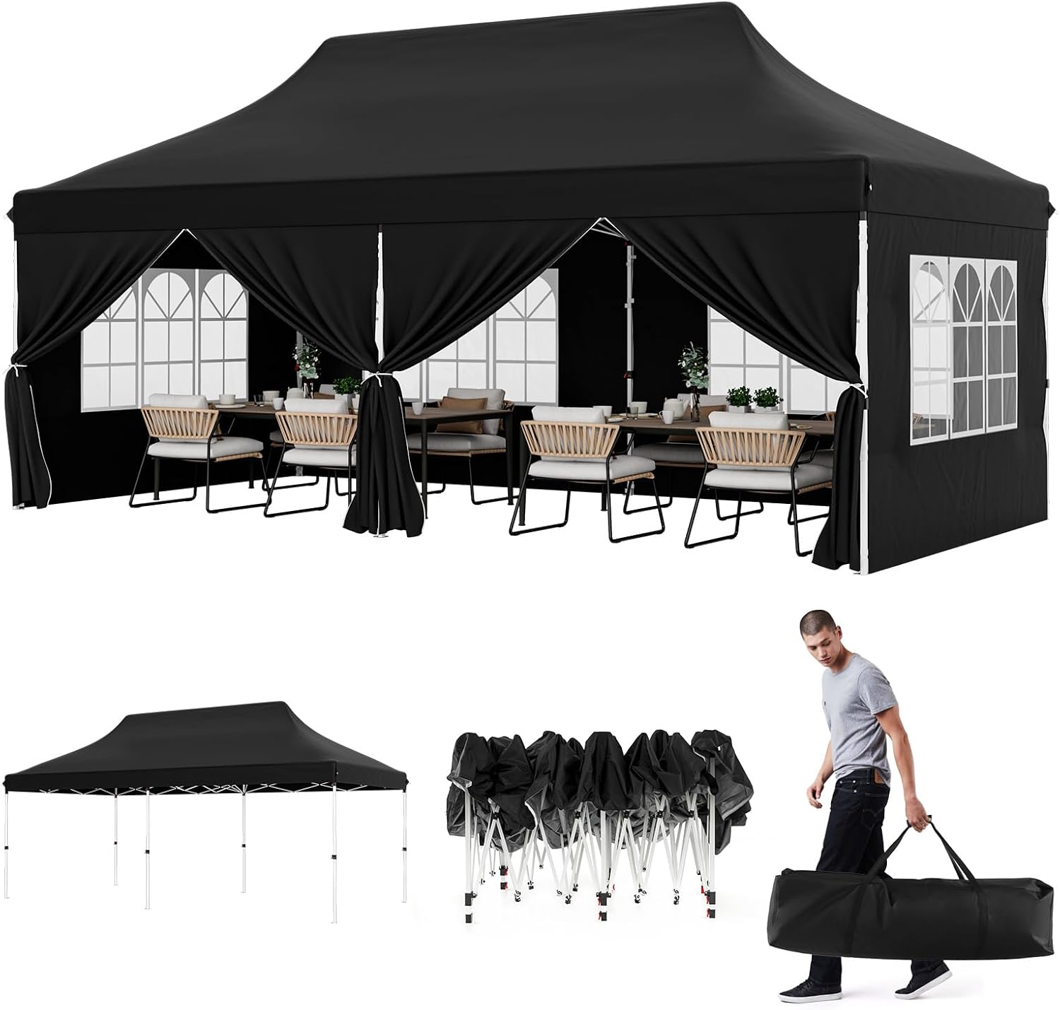 HAPPYGRILL 10x20FT Pop-up Canopy with Detachable Sidewalls, Instant Canopy Tent with Carrying Bag, UPF50+ Sun Protection, Easy Setup Gazebo for Outdoor Party Wedding, Black