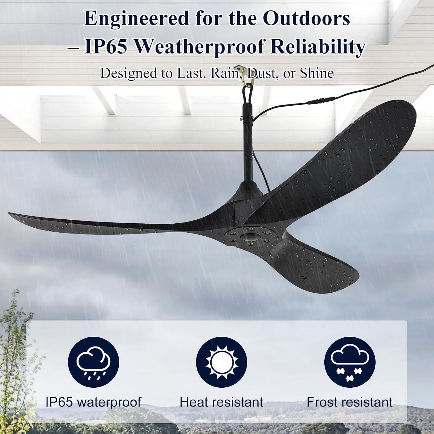 52 inch Outdoor Ceiling Fan no Light Waterproof - Plug in Hanging Hook for Patio, Porch, Gazebo - Wet Rated Weatherproof Exterior Black 3 Blades Ceiling Fan with Remote