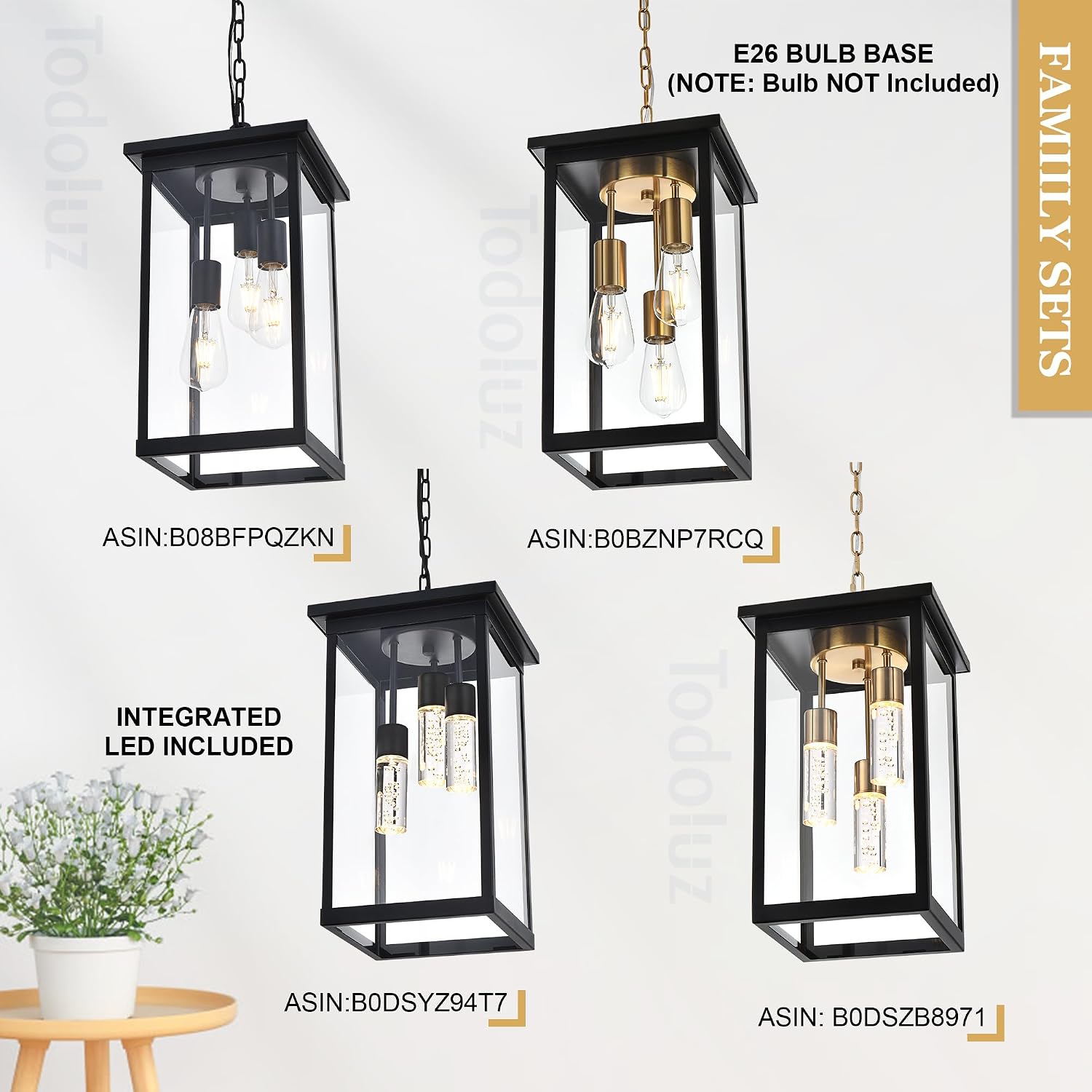 TODOLUZ 5CCT LED Large Outdoor Pendant Light Fixtures, LED Integrated Bulbs Included 3-Light Black Outdoor Hanging Lantern Light, Exterior Pendant Ceiling Lighting for Porch Yard Gazebo