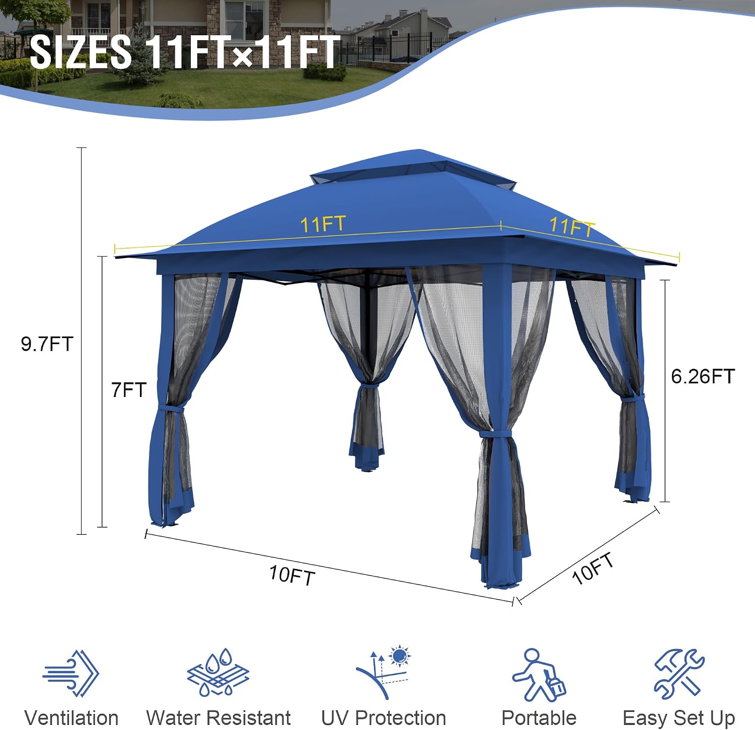 Pop Up Gazebo 11x11, Outdoor Instant Canopy Shelter Tent with Mosquito Netting Metal Frame Storage Bag for Patio Garden Backyard.(Dark Blue) (Dark Blue)