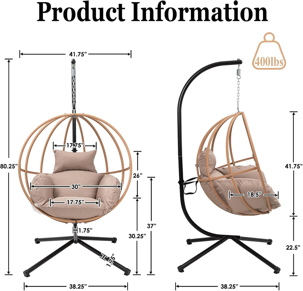 Egg Chairs with Stand, Egg Swing Chair Outdoor, Hanging Swinging Chairs with Stand for Balcony, Swing Egg Chair with Cushion 400LBS Capacity, Brown