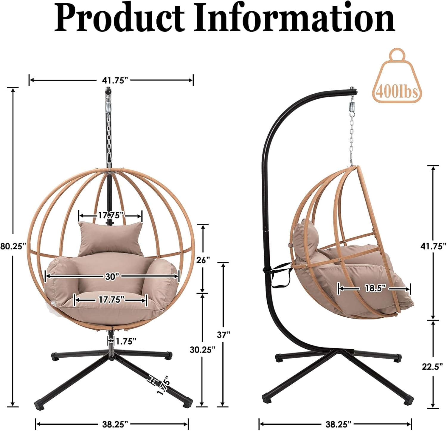 Egg Chairs with Stand, Egg Swing Chair Outdoor, Hanging Swinging Chairs with Stand for Balcony, Swing Egg Chair with Cushion 400LBS Capacity, Brown