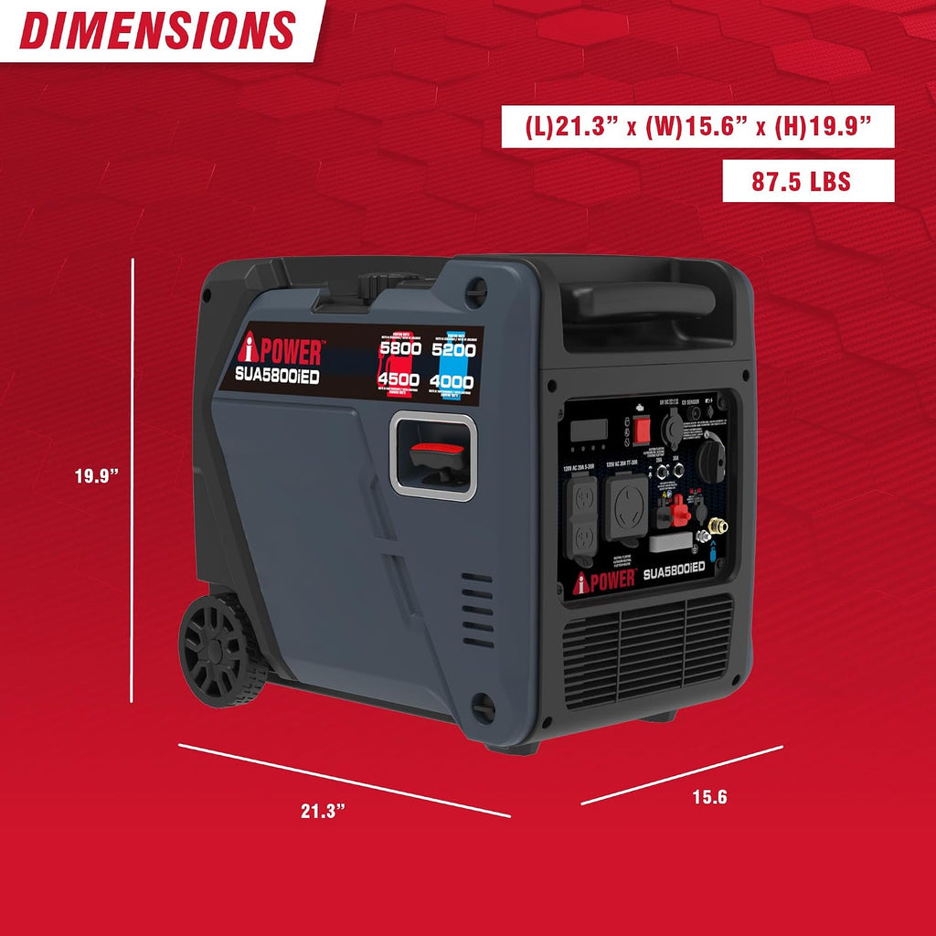 A-iPower 5800-Watt Dual Fuel Quiet Portable Inverter Generator, Electric Start RV Ready, EPA & CARB Compliant CO Sensor, With Telescopic Handle For Backup Home Use, Tailgating & Camping (SUA5800iED)