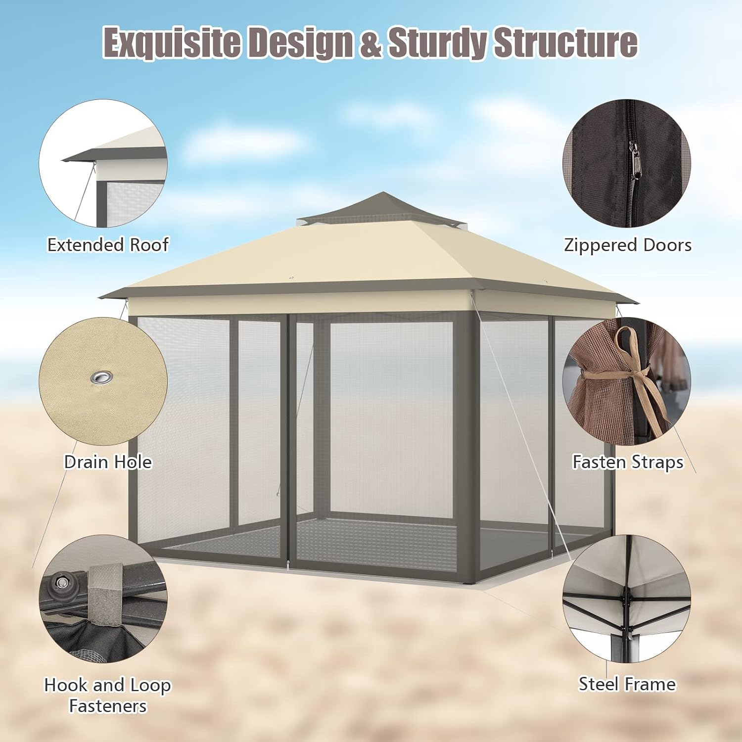 Tangkula 11x11 Ft Pop up Gazebo, 2-Tier Patio Gazebo with Netting, Carry Bag, Easy Set up Outdoor Gazebo with 121 Square Feet of Shade for Backyard, Deck, Poolside (Brown)