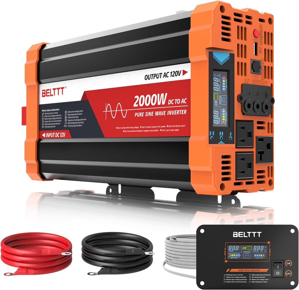 BELTTT 2000W Pure Sine Wave Inverter, Inverter 12V DC to 120V AC for Solar, RV, Truck, Outdoor, Power Inverter with Dual AC and 20A Socket, 5V 2.1A USB, Surge 4000W, Hardwire Port, Remote Controller