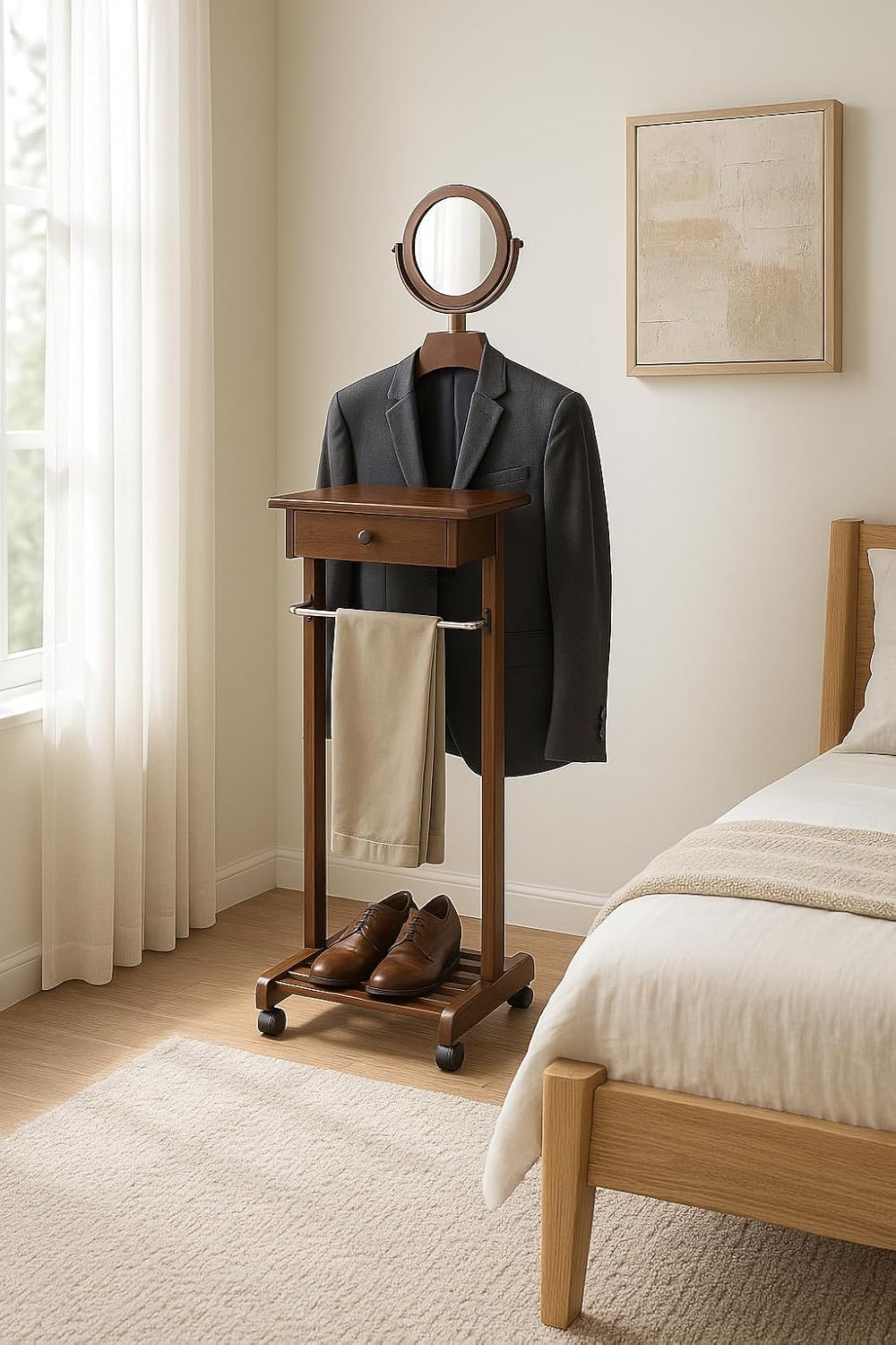 Ergode Mens Valet Stand – Clothes Valet, Suit Rack, Cloth Stand, Valet Chair & Jacket Display Organizer for Men's Clothing & Accessories (Walnut)