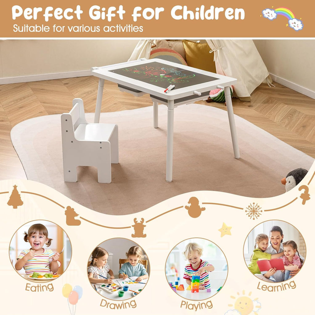 Costzon Kids Table and Chair, 6 in 1 Sensory Desk Set w/Storage Bins, White & Black Board, Building Blocks and Paper Roll for Drawing & Sand Water Playing, Toddler Table and Chair Set (White)
