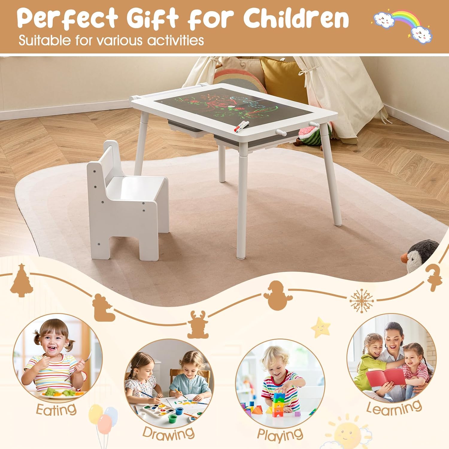 Costzon Kids Table and Chair, 6 in 1 Sensory Desk Set w/Storage Bins, White & Black Board, Building Blocks and Paper Roll for Drawing & Sand Water Playing, Toddler Table and Chair Set (White)