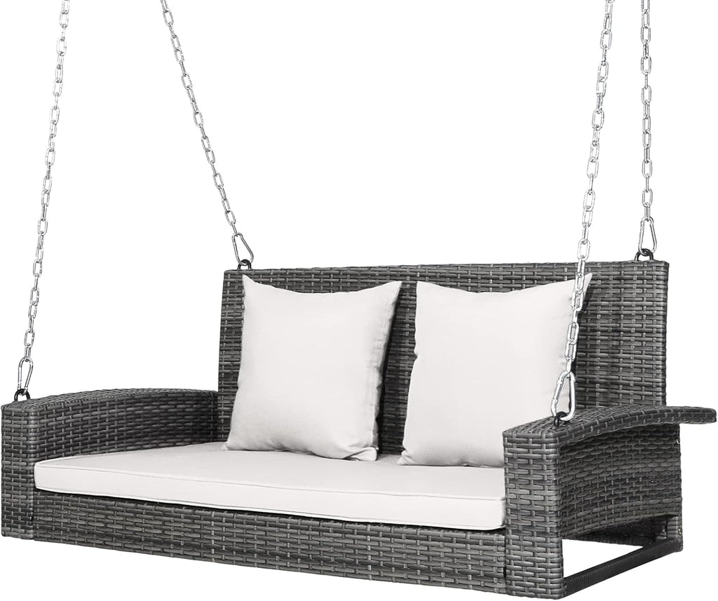 Tangkula 2 Person Wicker Hanging Porch Swing, Patiojoy Outdoor Rattan Swing with Soft Cushions and 2 Rustproof Steel Chains, 800 LBS Patio Swing Bench for Balcony, Garden and Yard