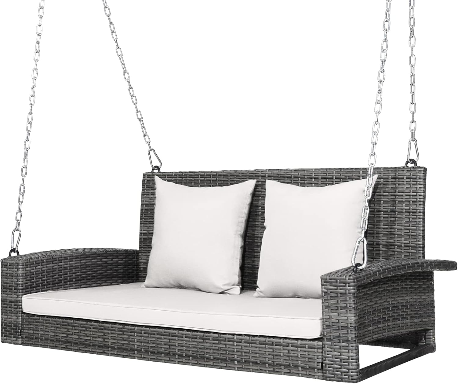 Tangkula 2 Person Wicker Hanging Porch Swing, Patiojoy Outdoor Rattan Swing with Soft Cushions and 2 Rustproof Steel Chains, 800 LBS Patio Swing Bench for Balcony, Garden and Yard