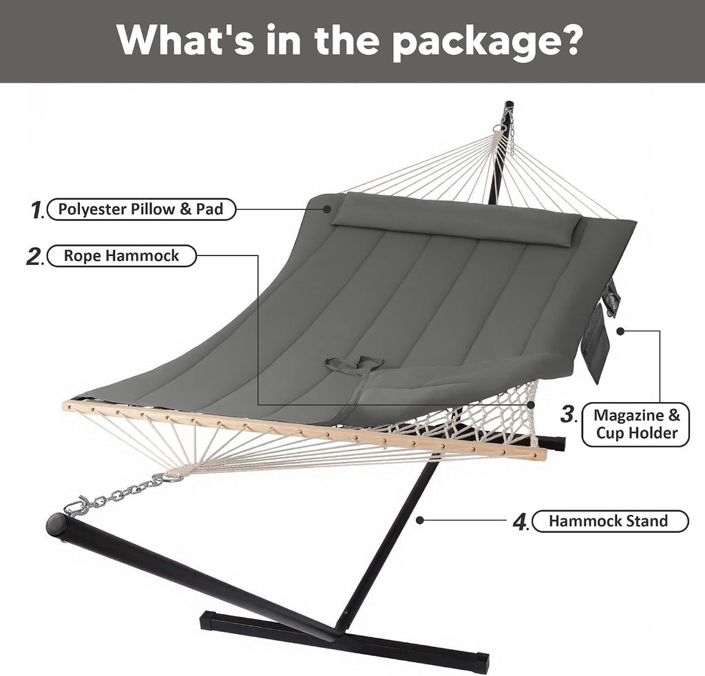 SUNCREAT Double Outdoor Hammock with Stand, Carrying Bag, Two Person Cotton Rope Hammock with Polyester Pad, Dark Gray