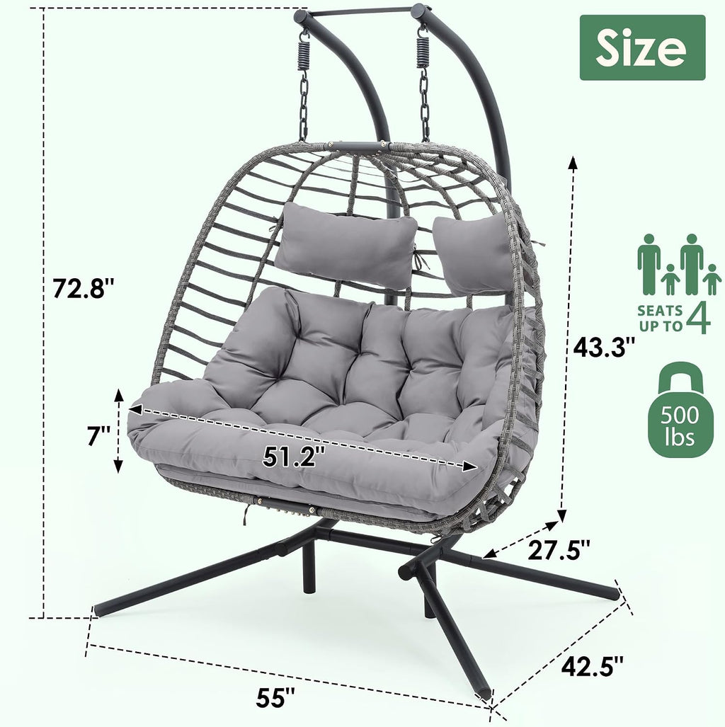 2 Person Hanging Egg Chair with Stand for Outdoor, Patio Hand Made Rattan Wicker Double Egg Swing Chairs Hammock Chair with UV Resistant Cushion and Metal Frame, Porch Swing Loveseat for Backyard