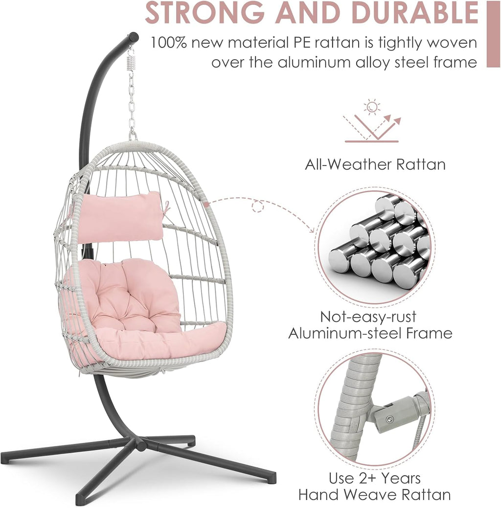 Brafab Pink Egg Chair with Stand Indoor Outdoor Swing Egg Chair, Patio Wicker Hanging Chair with Stand Hammock Egg Chairs with UV Resistant Cushion and Aluminum Steel Frame for Bedroom Balcony Garden