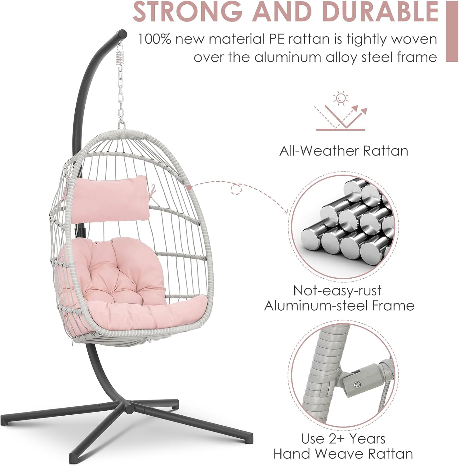 Brafab Pink Egg Chair with Stand Indoor Outdoor Swing Egg Chair, Patio Wicker Hanging Chair with Stand Hammock Egg Chairs with UV Resistant Cushion and Aluminum Steel Frame for Bedroom Balcony Garden