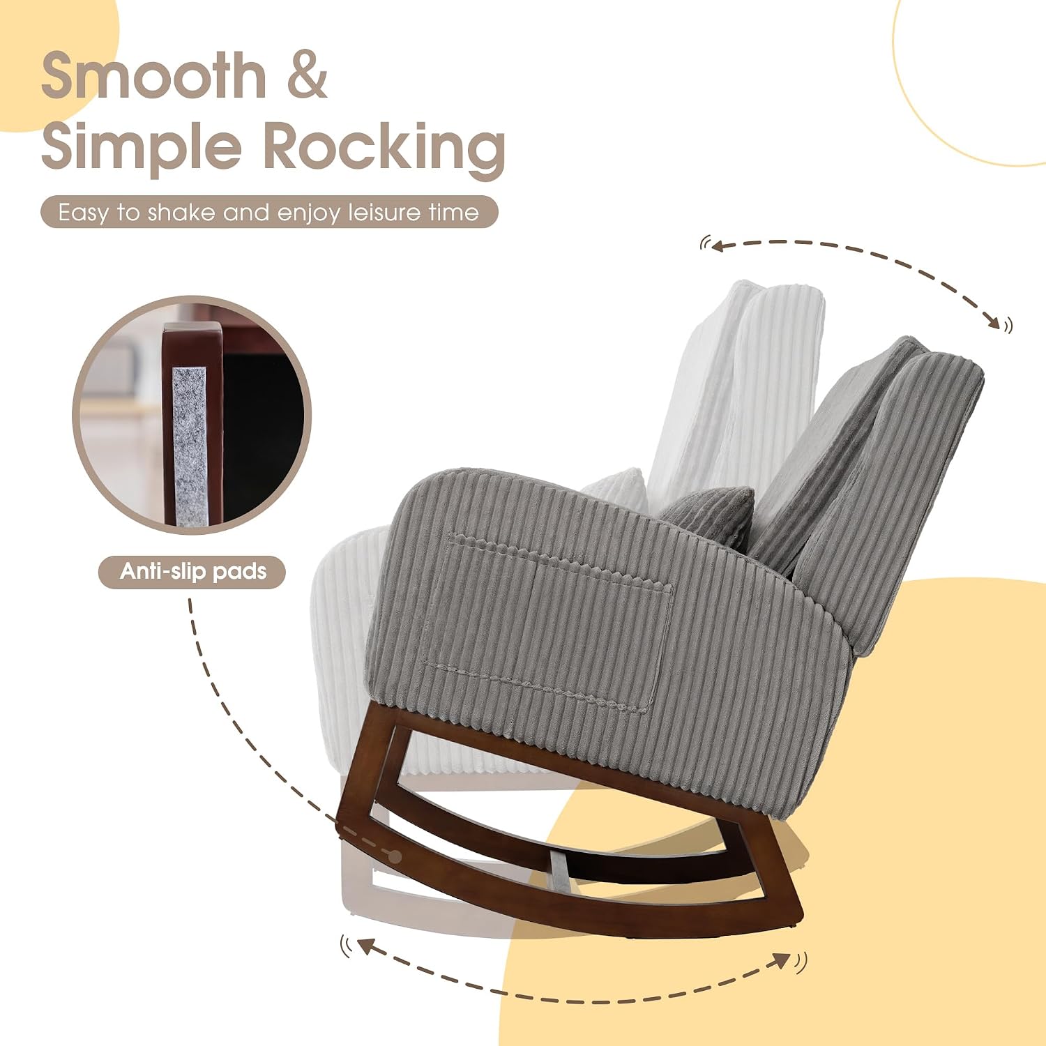 COCO DESIGN Corduroy Upholstered Rocking Chair for Nursery, Padded Seat & Back, Sturdy Wood Rockers for Living Room, Nursery, Bedroom Relaxation (Dark Grey)