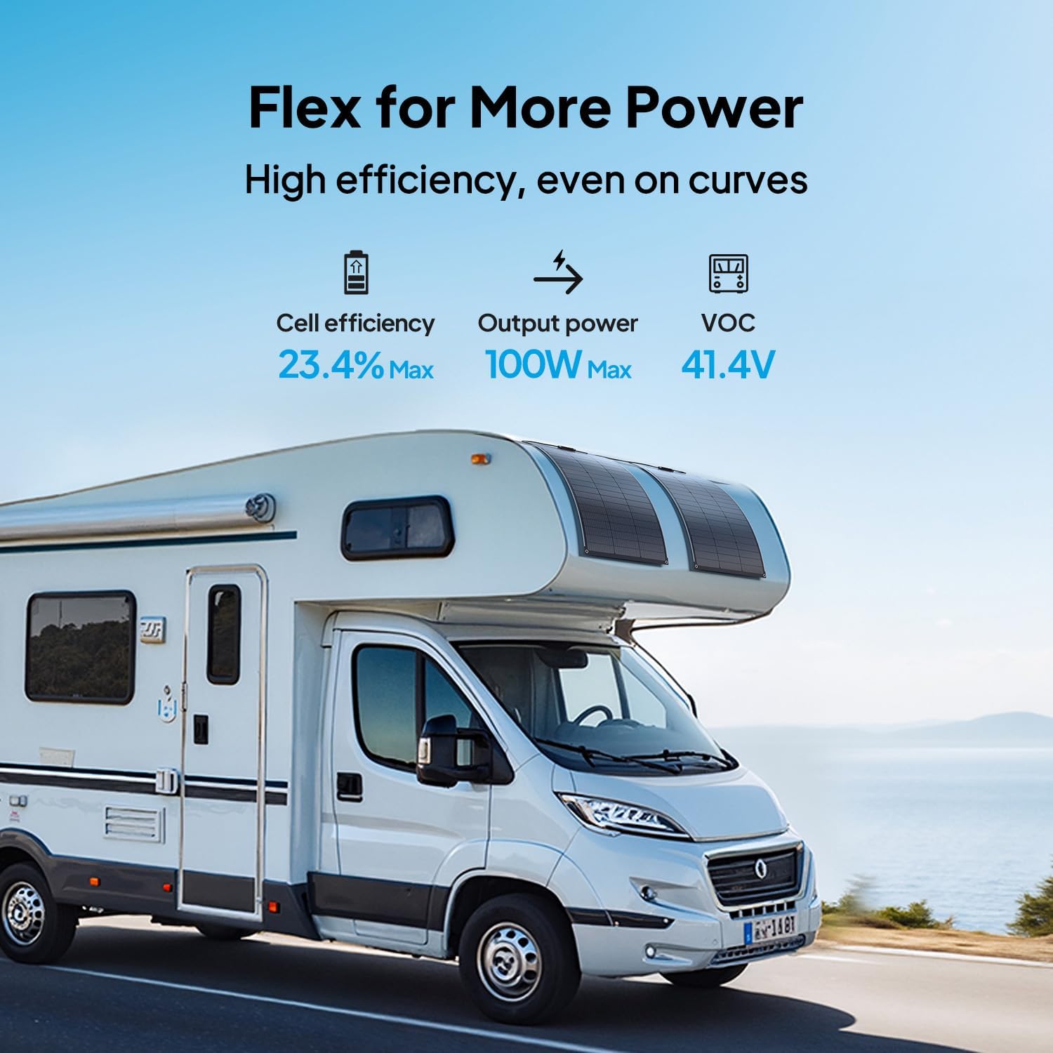 BLUETTI 2 100W Flexible Solar Panels for RVSolar 48V System, 23.4% High Efficiency, 240° Bendable, IP67 Solar Panel for RVs, Camping, Marine, Curved Surfaces