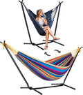 SUNCREAT 2-in-1 Convertible Backyard Fabric Hammock with Stand, Large Hammocks for Outside, Patented, Purple Stripe