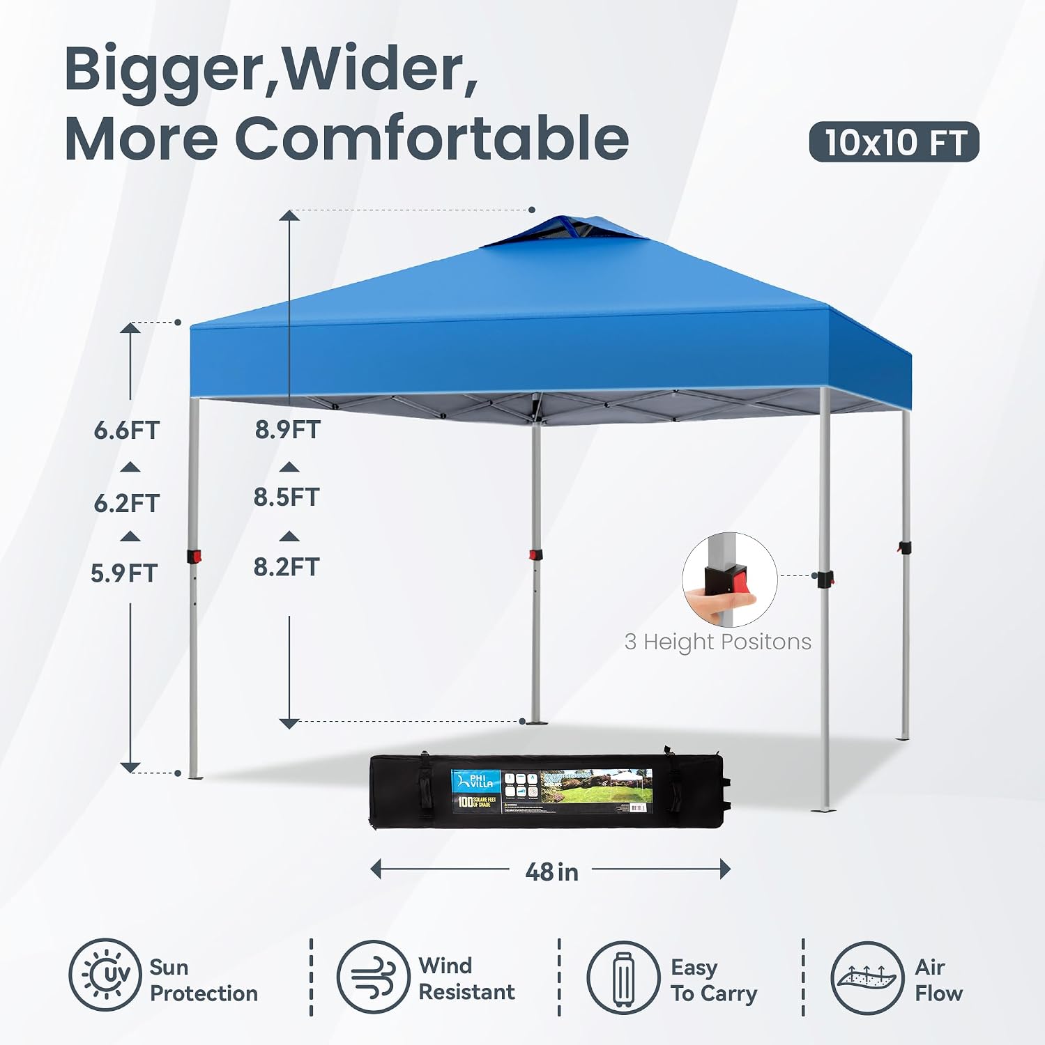 PHI VILLA 10x10 Pop Up Canopy Tent Easy Outdoor Sun Shade for Events Party Tent, 100 Sq. Ft of Shade, Blue