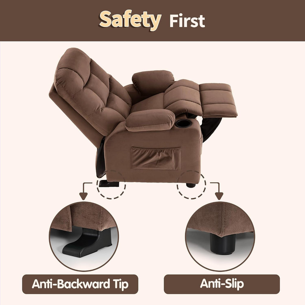 MCombo Big Kids Recliner for Ages 3+, Child Reclining Chair, Toddlers Recliner Sofa with Cup Holders (Velvet, Brown)