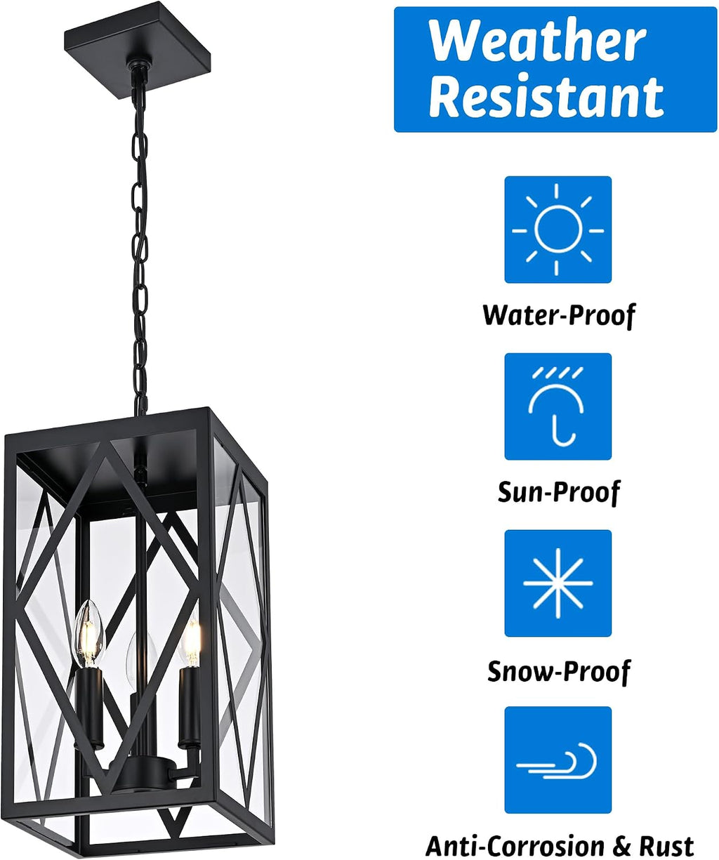 3 Light Black Outdoor Pendant Light Outside Chandelier Lantern, Modern Waterproof Exterior Hanging Light Fixture Ceiling for Front Porch Entryway Yard Patio (Bulb NOT Included)