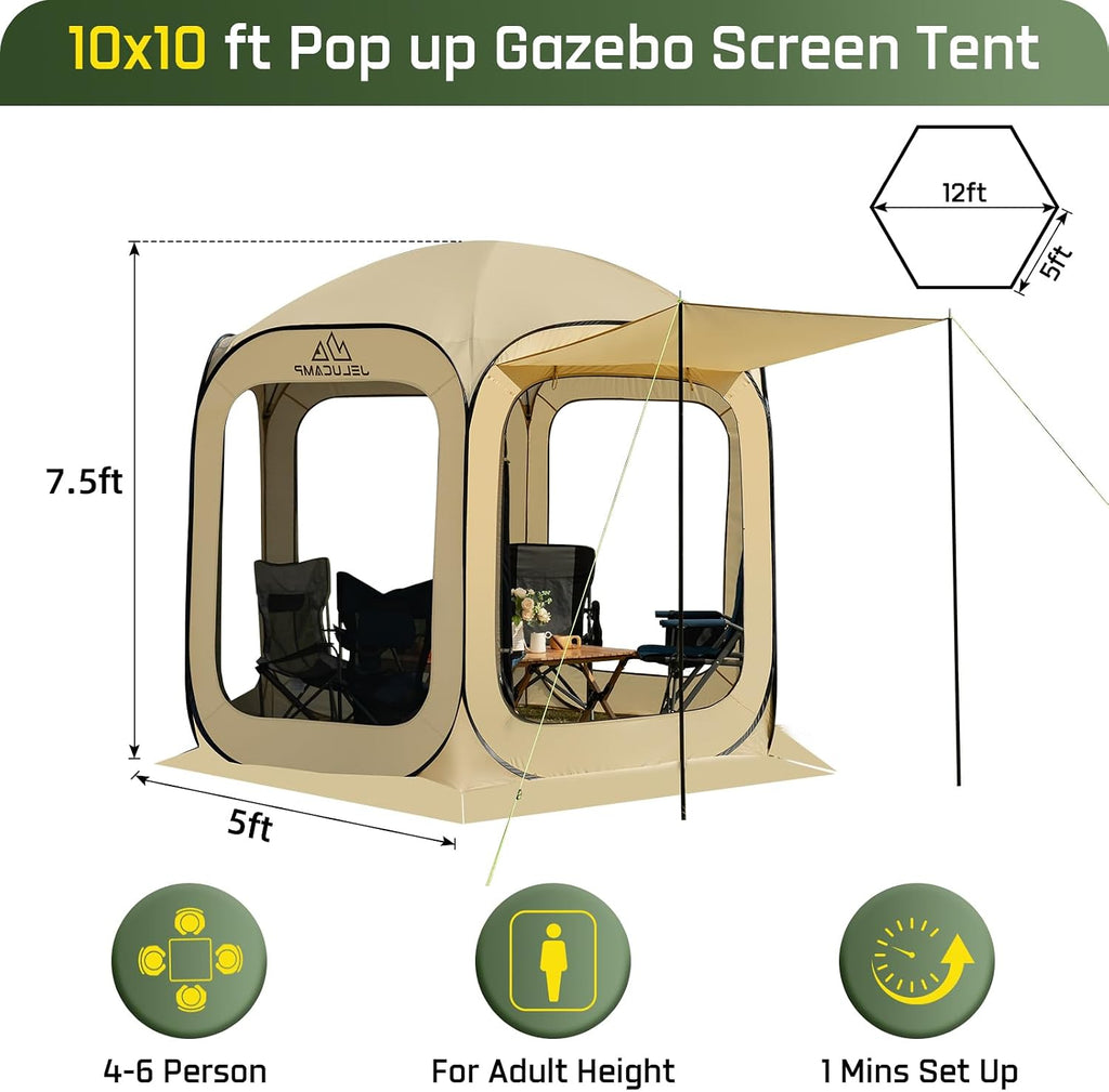 JELUCAMP 10x10 FT Pop Up Screen House Tent - Instant Screened Gazebo Canopy with Mosquito Net, Portable Backyard Tent for 4-6 People, Easy Setup Patio Shelter for Camping, BBQ, Sports & Outdoor
