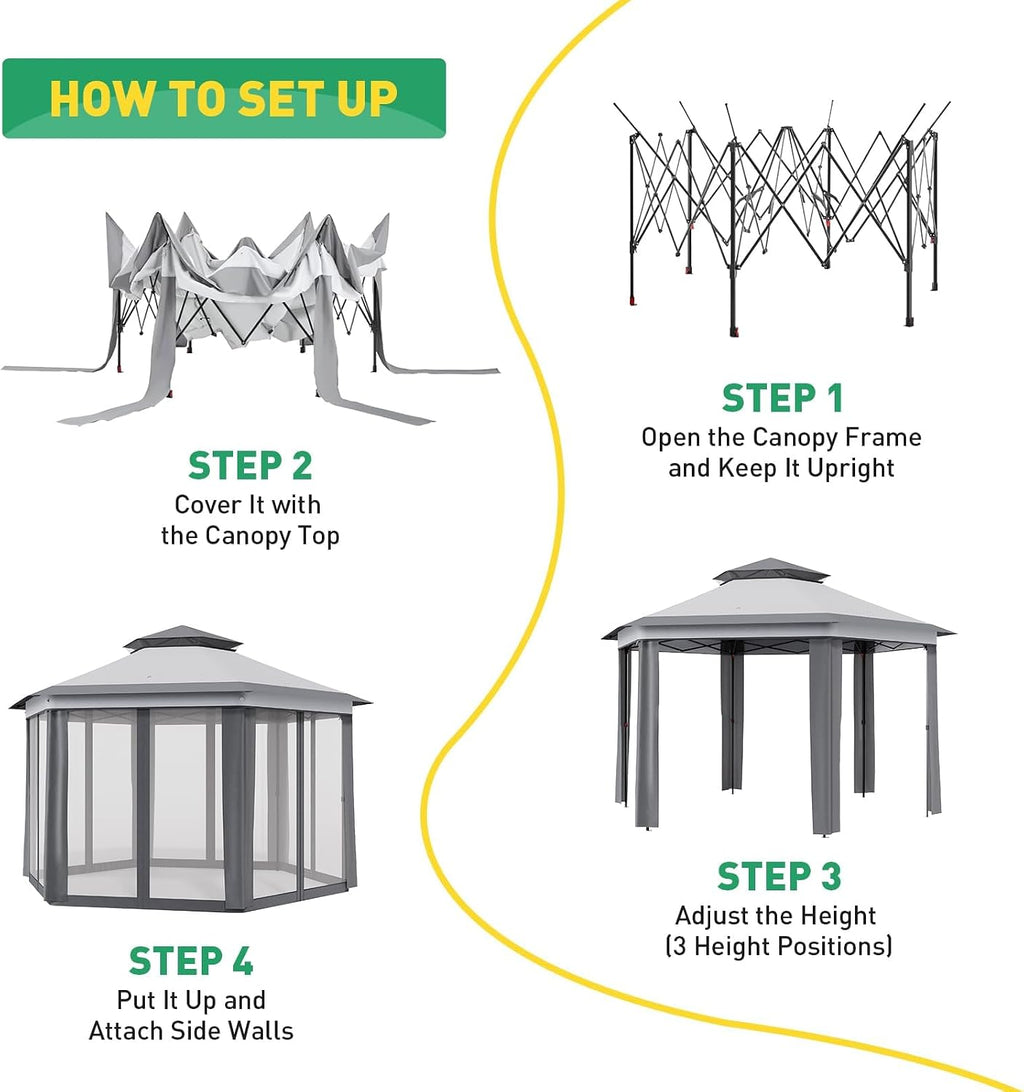 13x13 Ft 6-Sided Pop-Up Gazebo Canopy Tent with Removable Mesh Netting - Waterproof UV Protection Outdoor Instant Shelter for Patio, Backyard, Camping & Beach