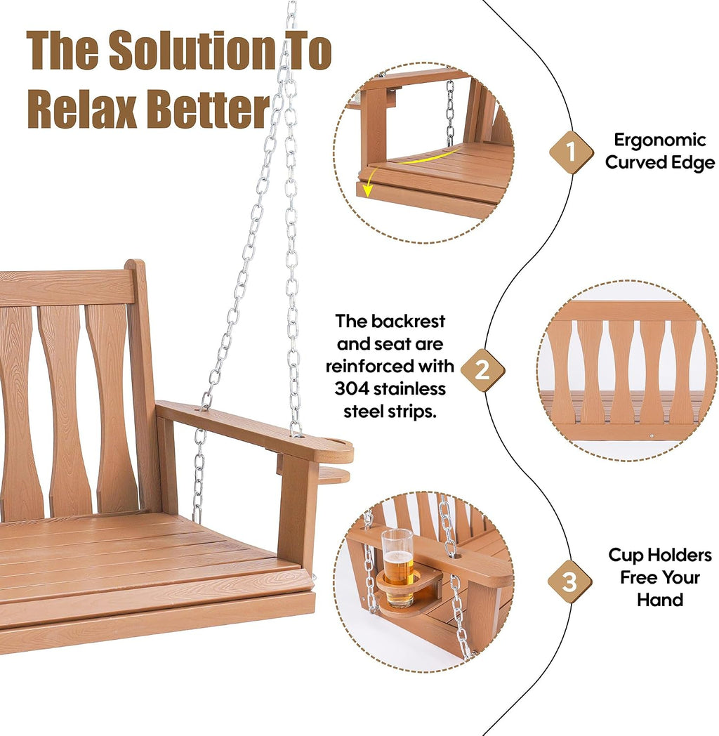 HIPS All-Weather Outdoor Hanging Porch Swing,2 Seat Hanging Swing Bench with Cup Holders,Patio Swing Chair with Hanging Chains for Courtyard & Garden