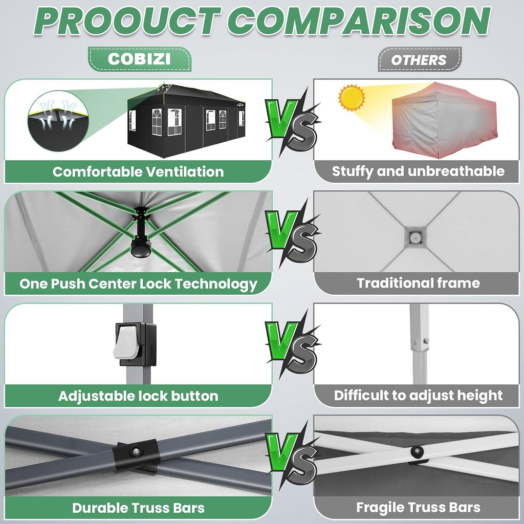 COBIZI 10x20 Pop Up Canopy Tent with 6 Removable Sidewalls, One Push Party Tent Outdoor Waterproof Event Canopy with Air Vent for Parties Commercial Wedding, 3 Height, Carry Bag, Sandbag, Black