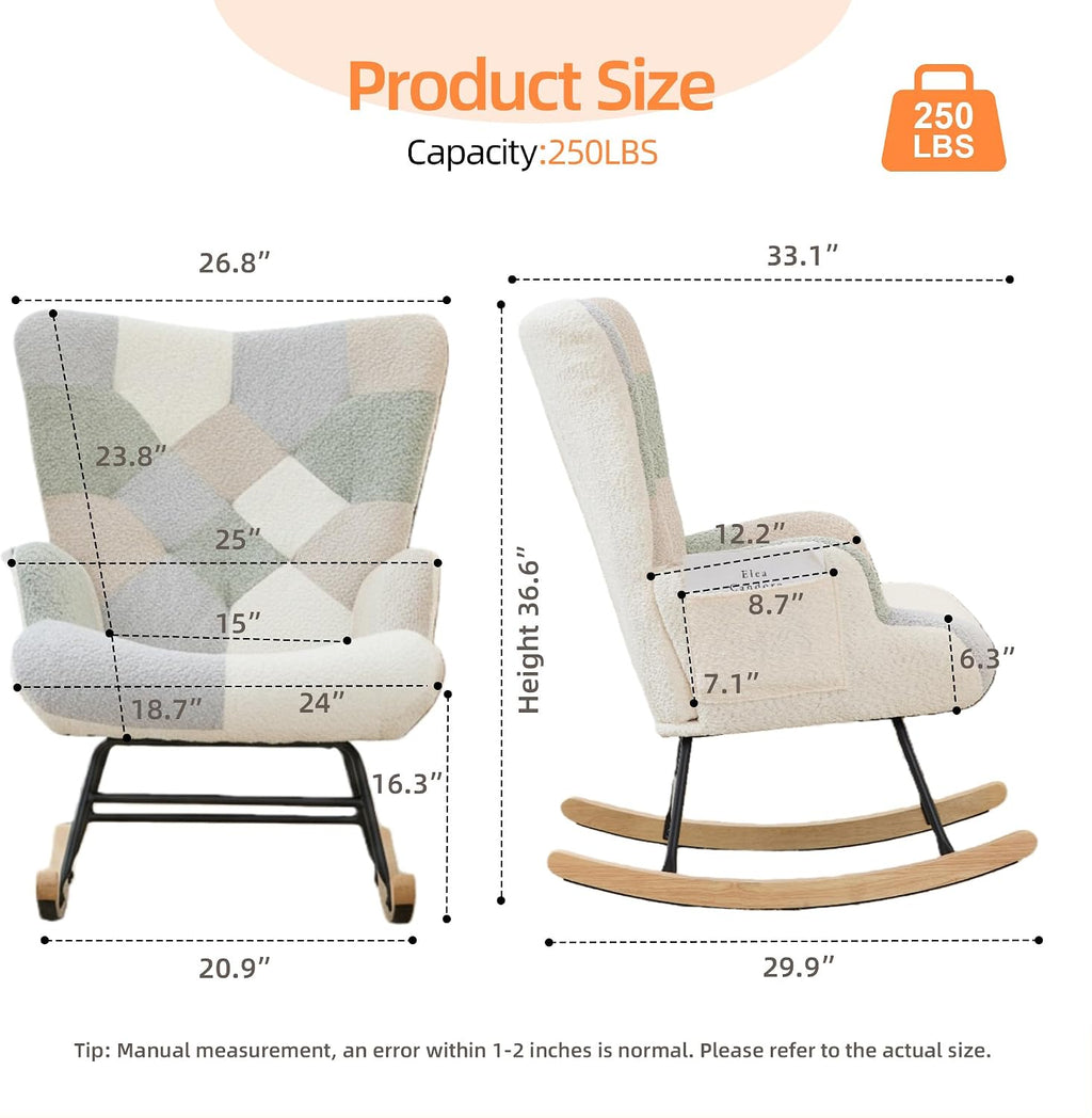 Nursery Rocking Chair Teddy Upholstered Glider Rocker Rocking Accent Chair with High Backrest Armchair Comfy Side Chair for Living Room, Bedroom, Offices (Spliced Green)