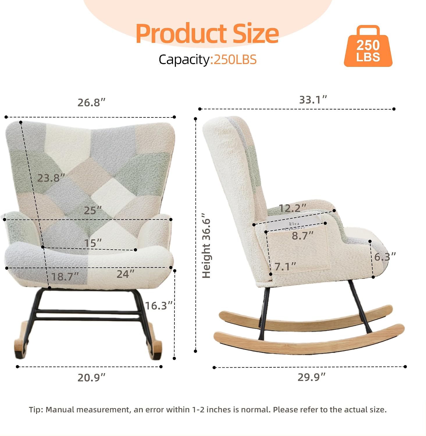 Nursery Rocking Chair Teddy Upholstered Glider Rocker Rocking Accent Chair with High Backrest Armchair Comfy Side Chair for Living Room, Bedroom, Offices (Spliced Green)