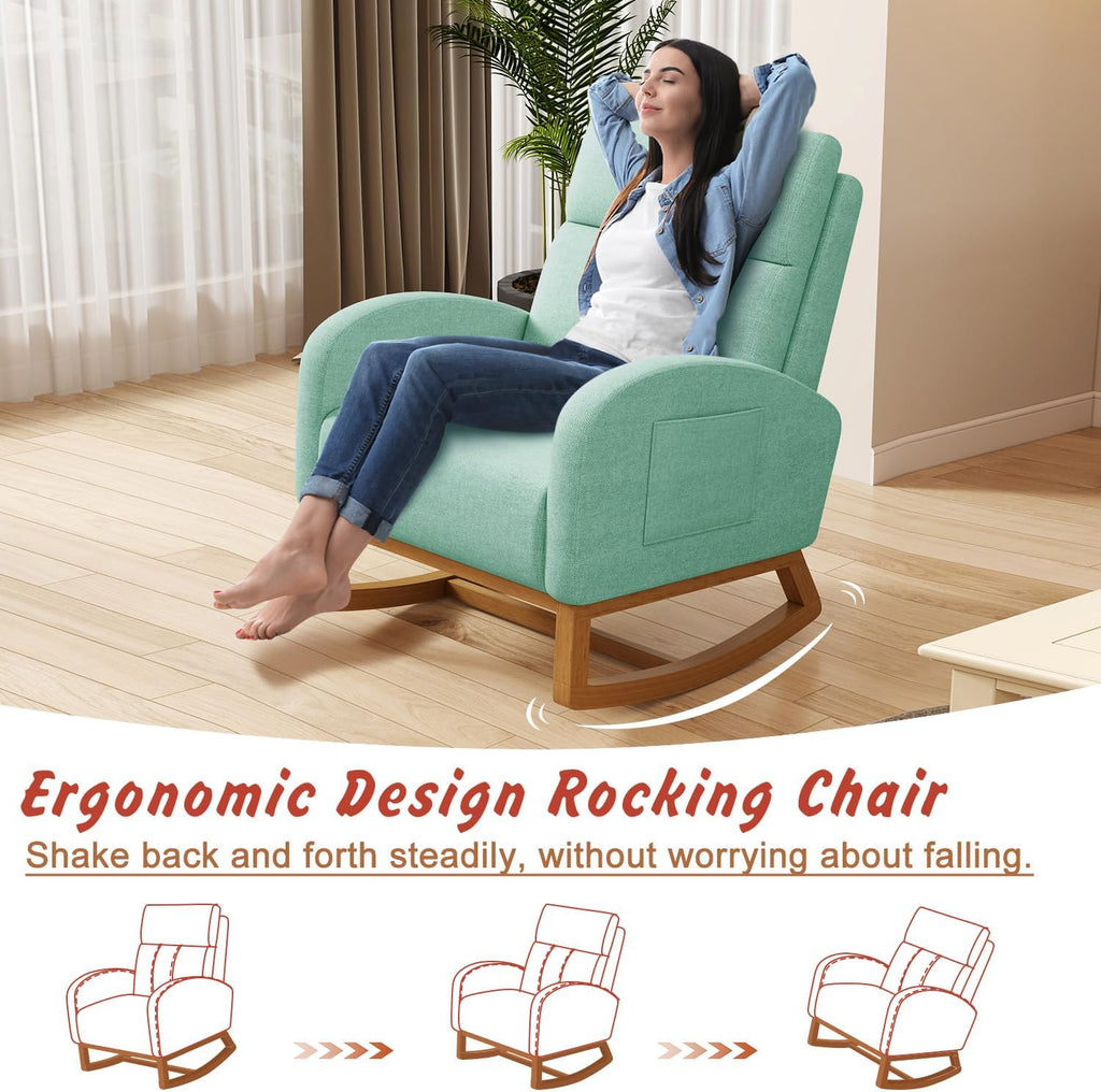 Gaussen Glider Rocking Chair Nursery Comfy Accent Chair with High Backrest Upholstered Living Room Chairs with Side Pocket Armchair Reading Chair for Bedroom Nursery Office, Green