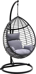 SereneLife Hanging Egg Chair with Stand - Indoor Outdoor Patio Wicker Rattan Lounge Chair with Stand, Steel Frame, UV Resistant Washable Cushions for Garden Backyard Deck Sunroom SLGZ0EGBL (Black)