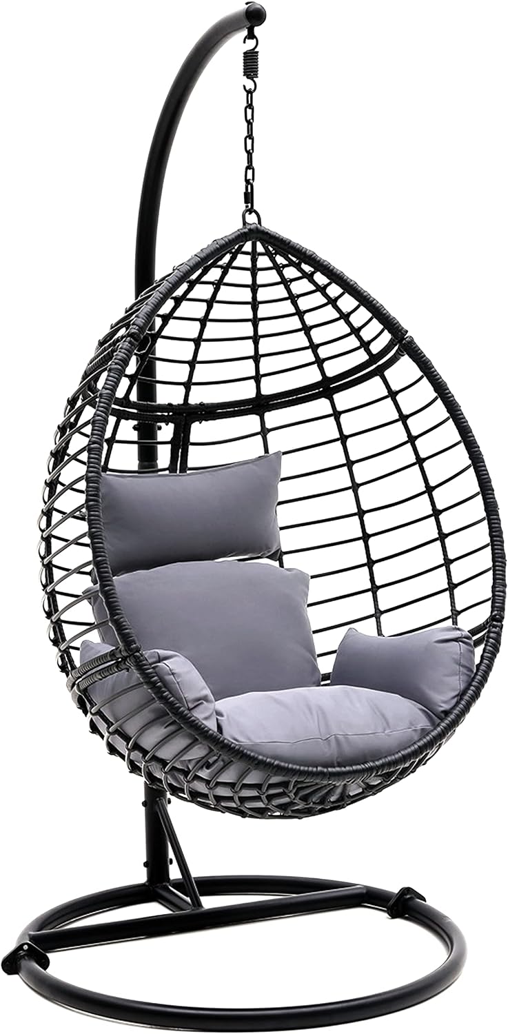 SereneLife Hanging Egg Chair with Stand - Indoor Outdoor Patio Wicker Rattan Lounge Chair with Stand, Steel Frame, UV Resistant Washable Cushions for Garden Backyard Deck Sunroom SLGZ0EGBL (Black)